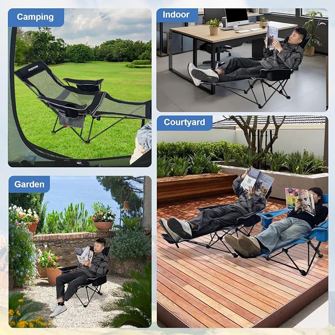 2-Pack Reclining Camping Chair 4 Position with Foot Rest Comfortable for Adults 265Ibs Folding Lounger Mesh Beach Chair with Cooler Bag and Cup Holder for Outdoor Patio