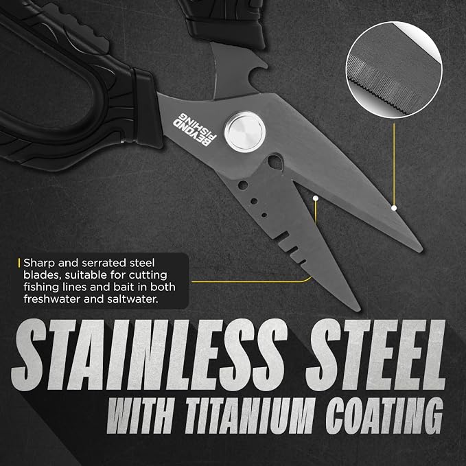 Beyond Fishing 6.5" Pro Fishing Shears Dual Serrated Blades, Fishing Braided Line Scissors with Titanium Coating, Non-Slip Grip & Multifunction Tool, Includes Hard Molded Locking Sheath