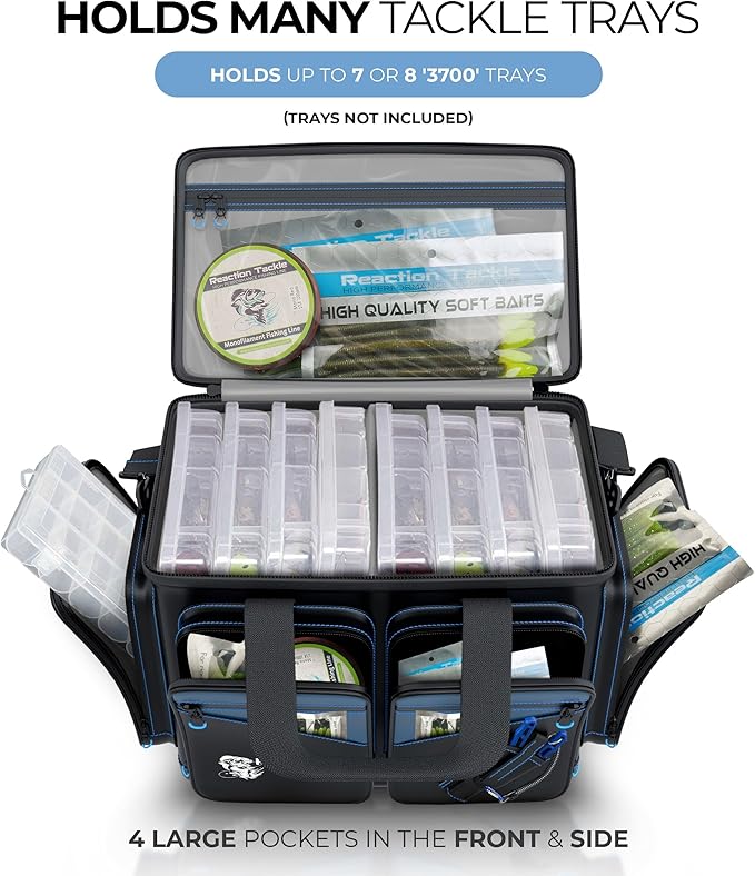 Reaction Tackle Fishing Tackle Bag – Salt Water Resistant Fishing Bag, 1000D PVC Waterproof Material, Tackle Box Organizer with Dividers for 3600 or 3700 Trays