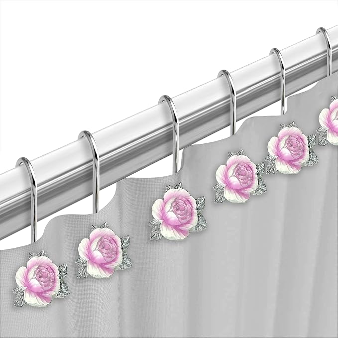 Zahari Home 13pc Michelle Bathroom Shower Curtain Sets Shower Curtain & 12 Shower Bathroom Hooks Modern Classic Luxury Contemporary Decor Floral Shower Curtain Stylish Bath Sets
