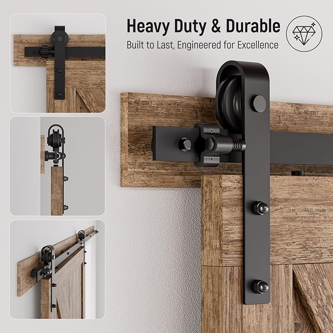 CCJH 8FT Single Sliding Barn Door Hardware Kit Black Basic Roller Carbon Steel Hanger Flat Track System for Closet Kitchen 1 Door 48 inch Wide