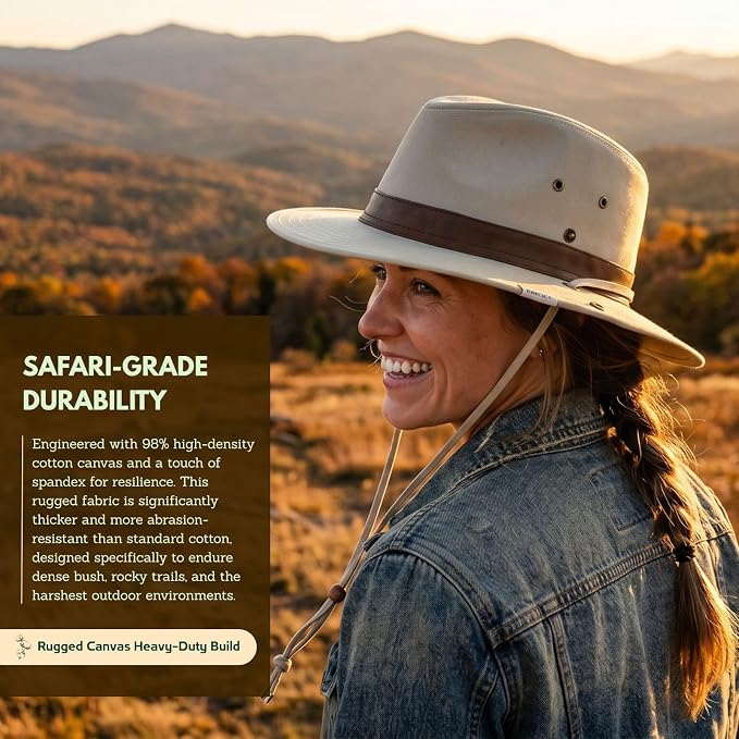 TOP-EX Cotton Aussie Outback Safari Hat, UPF 50+ Sun Hat Wide Brim with Chin Strap, Breathable Packable Bush Hat Men Women