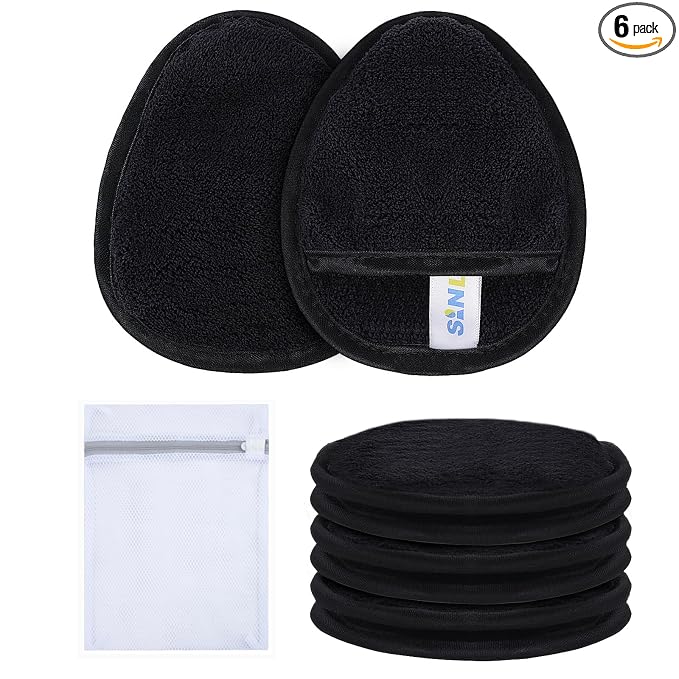 SINLAND Reusable Makeup Remover Pads For Face,Eye,Lips Microfiber Gentle Facial Cleansing Cloths for All Skin Types Friendly for Makeup Remover With Laundry Bag Black Pack of 6
