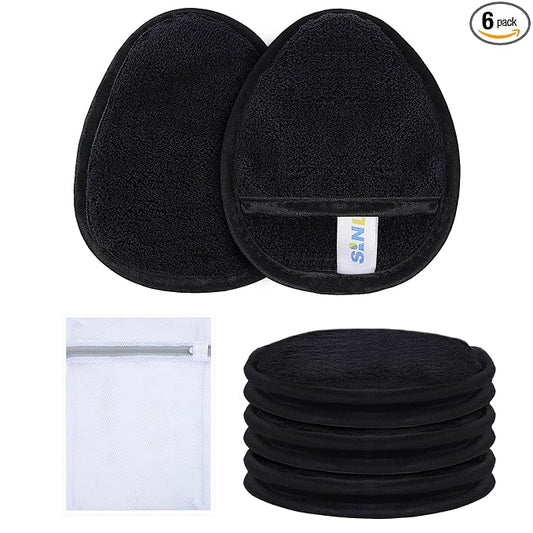 SINLAND Reusable Makeup Remover Pads For Face,Eye,Lips Microfiber Gentle Facial Cleansing Cloths for All Skin Types Friendly for Makeup Remover With Laundry Bag Black Pack of 6