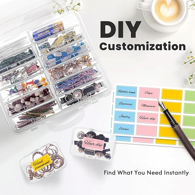 zoeynex Small Bead Organizers and Storage, 12 Clear Plastic Boxes with Hinged Lids, for Beads, Jewelry Making, Crafts, Hardware, Fishing Tackle, Small Parts (32 Labels)