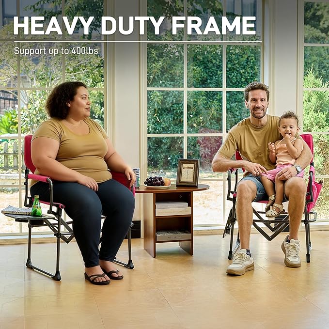 EVER ADVANCED Camping Directors' Chair with Side Table, Portable Folding with Compact Size, Breathable & Quick Dry Design Heavy Duty Lawn Chair with Pocket, 400lbs, Textilene Mesh, Pink