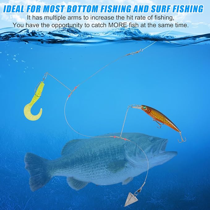 Fishing Leaders Saltwater Tackle Surf Fishing Rigs High Strength Steel Fishing Wire Leaders with Swivel Snaps Beads Gear Equipment for Lures Bait Hooks, 1Arm 2Arms & 3Arms