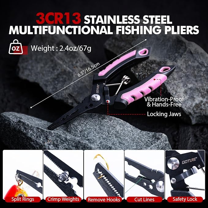 Goture Fishing Tool Kit,Fishing Pliers,Fillet Knife with Sheath,Fish Lip Gripper,Fish Hook Remover,Lanyard,Line Scissors,Sharpener,Stainless Steel Soap,Saltwater Gear Kit,Red/Pink,Gifts for Men/Women