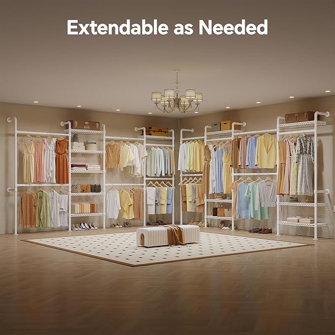 W4 Wall Mounted Closet System, Expandable Clothes Rack Heavy Duty Clothing Rack for Hanging Clothes, Industrial Pipe Closet Organizers for Reach in Closet, White