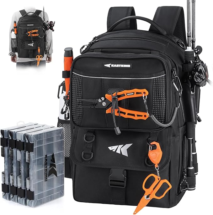 KastKing BaitSpace Fishing Tackle Backpack with Removable Bait Binder,2 Rod Holders Storage Fishing Gear and Equipment
