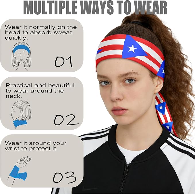 Flag Tie Headbands for Men Women, Moisture Wicking Sweatband Breathable Sports Headwrap, Non-Slip Stretchy Adjustable Fitness Hair Band