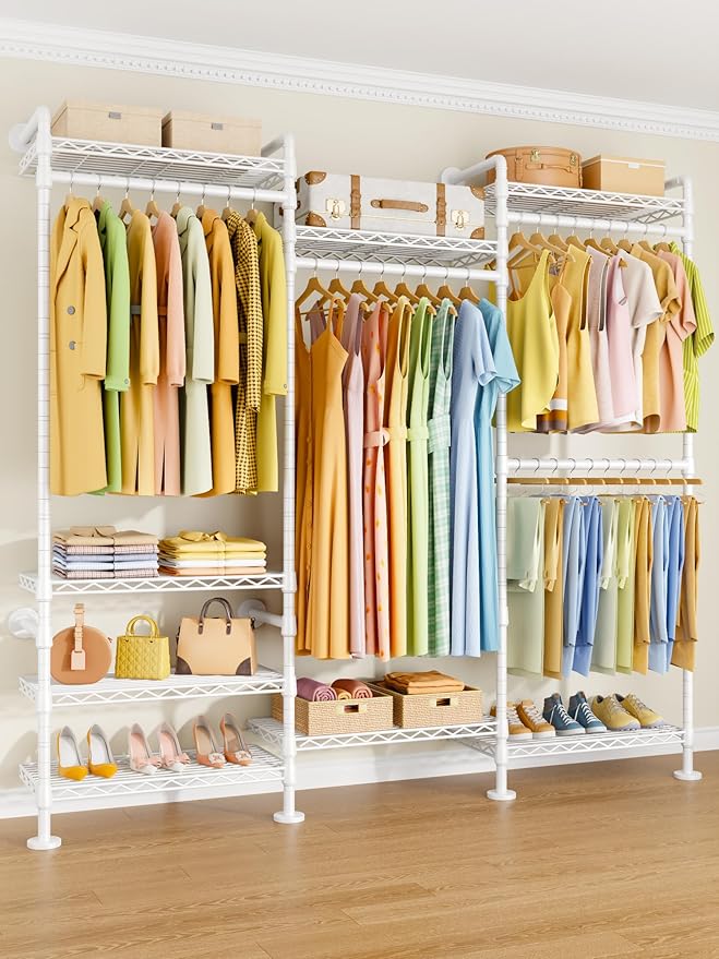 M6 Clothes Rack for Wall Mounted, Heavy Duty Closet Wardrobe System with 8 Shelves and 4 Hanger Rods, 68.5" W x 11.8" D x 86.6" H Clothing Storage Organizer for Holding 1064lbs, White