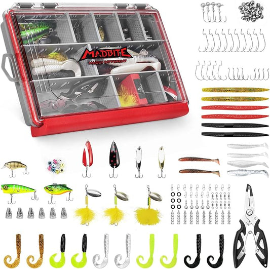 MadBite by KastKing 182/265/400pcs Compact Fishing Tackle Kit - All-in-One Freshwater Hooks, Weights, Bobbers in Tackle Box, Fishing Gear Set for Bass Trout Panfish