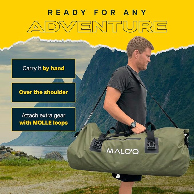 Malo’o Waterproof Dry Duffel, Heavy-Duty Roll Top Waterproof Gear Bag with Shoulder Strap & Molle Loops, Marine Duffel for Kayaking, Boating, Camping, Beach & Travel, Dark Green, 100L