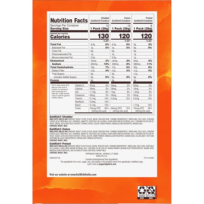 Goldfish Crackers Big Smiles Variety Pack with Cheddar, Colors, and Pretzels, Snack Packs, 30 Ct (Pack of 4)