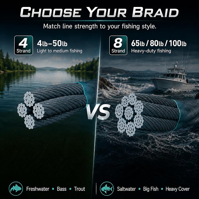 Thinner Braided Fishing Line, Ultra-Strong Abrasion Resistant Zero Stretch Braided Line, 4&8 Strand