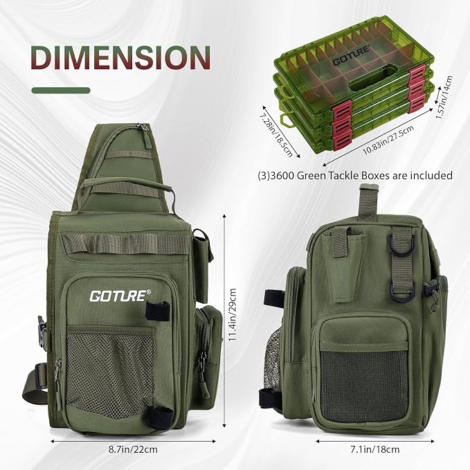 Goture OpenSide Tactical Sling Tackle Bag with 3 Tackle Trays, Lightweight Fishing Backpack Storge Fishing Gear - Green Bag Outdoor,Gift for men