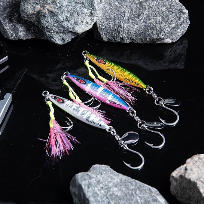 Goture Slow Pitch Jigs, Glow Flat Fall Jig Fishing Lure with Double Assist Hooks and Swivel, Fishing Jigs Saltwater 40g-250g Deep Sea Fishing Jigging Lures for Tuna,Dogtooth Tuna, Yellowtail,Kingfish
