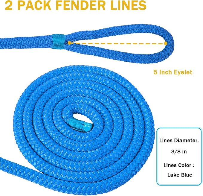 2 Pack 3/8'' x 6' Boat Fender Lines for Mooring, Docking Ties & Small Boat,Premium Marine- Grade Double Braided Nylon Boat Rope with a 5" Eyelet,Anti-Wear & Weather-Resistant-Lake Blue
