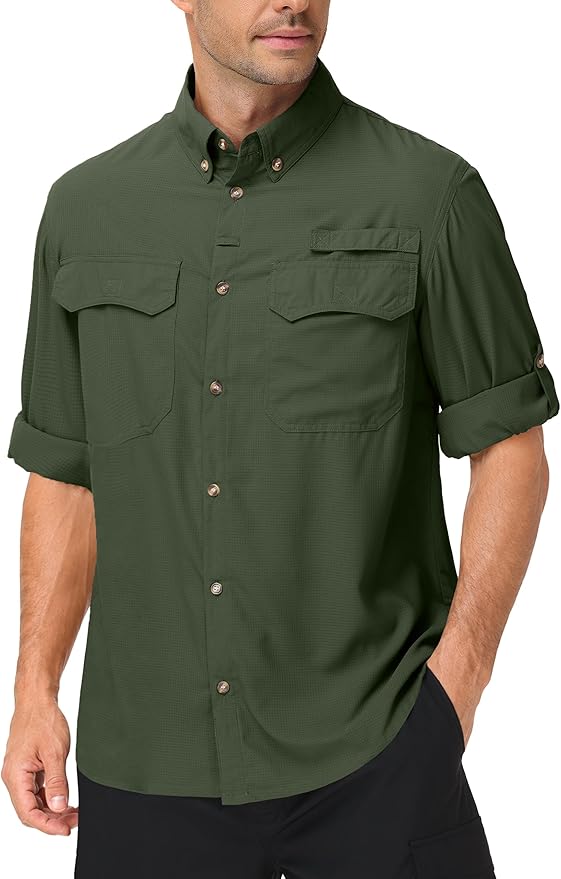 Roadbox Men's Sun Protection Fishing Shirt, Long Sleeve Cool Dry Lightweight UPF 50+ Shirts for Hiking Safari Camping Travel
