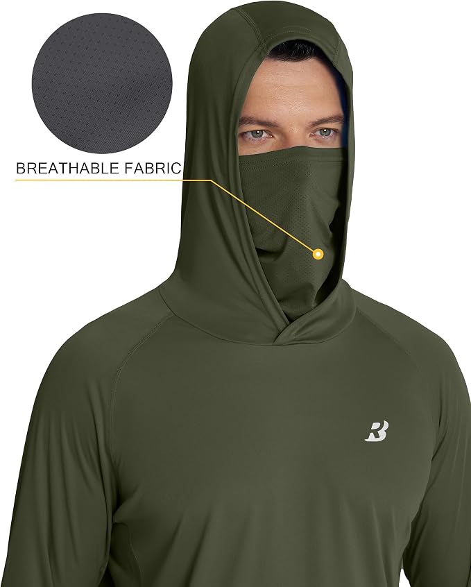 Roadbox Men's UPF 50+ Hooded Fishing Shirts Long Sleeve Sun Protection Hoodie, Hiking Running Swimming Rash Guard with Mask