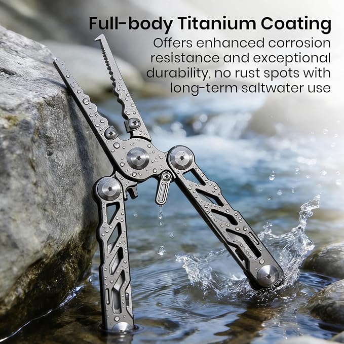 Pristis Foldable Fishing Pliers with Multitools, Saltwater Resistant Titanium Coated Stainless Steel, Portable Full-Sized Forceps with Tungsten Line Cutter, Ring Splitter, Hook Remover and Multi Tool