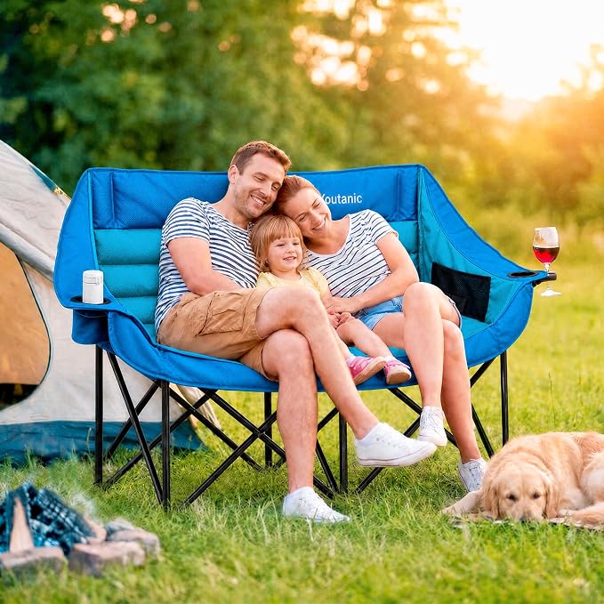 Youtanic Oversized Double Camping Chair, Folding Loveseat Camping Couch with Pocket, Cup Holder and Carry Bag, Heavy Duty Portable Camping Chairs for Adults, Fishing, Sports, Trip, up to 660lbs, Blue