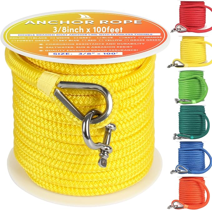 Boat Anchor Rope 100 ft x 3/8 inch Yellow, Double Braided Anchor Line with Stainless Steel Thimble & Shackle, Marine Rope Ideal for Towing,Mooring,Decks,Anchoring,for Boats Up to 27'