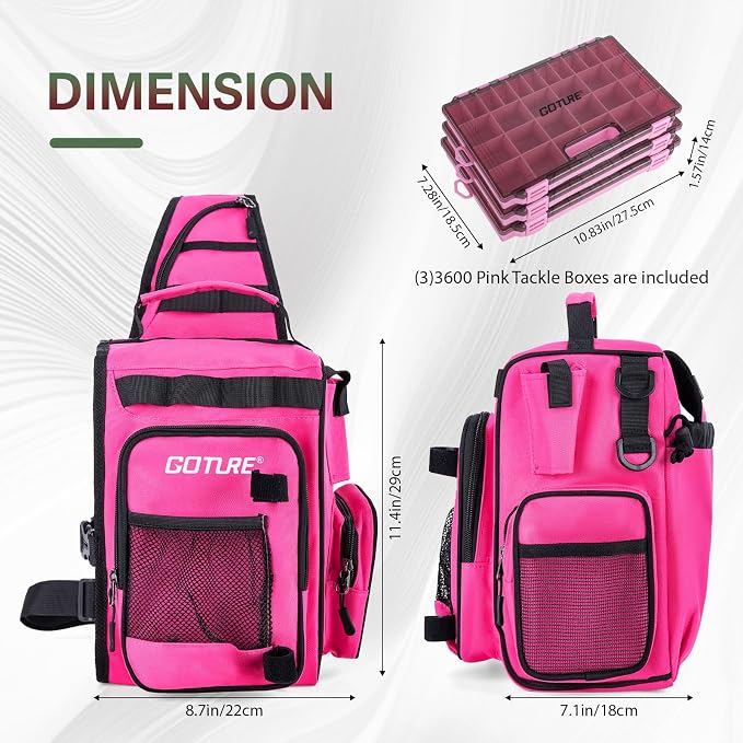 Goture OpenSide Tactical Sling Tackle Bag with Pink Fishing Rod and 3 Tackle Trays, 8FT Fishing Rod and Reel Combo, Lightweight Fishing Backpack Storge Fishing Gear Gift for women