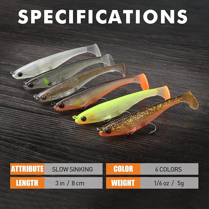 TRUSCEND Shadtale Easy Catch Soft Fishing Lures with BKK Hooks - Trembly Sinking and Vibrating Swim for More Bites, Pre-Rigged Swimbaits for Bass, Trout, Crappie, Walleye, Freshwater Saltwater Fishing