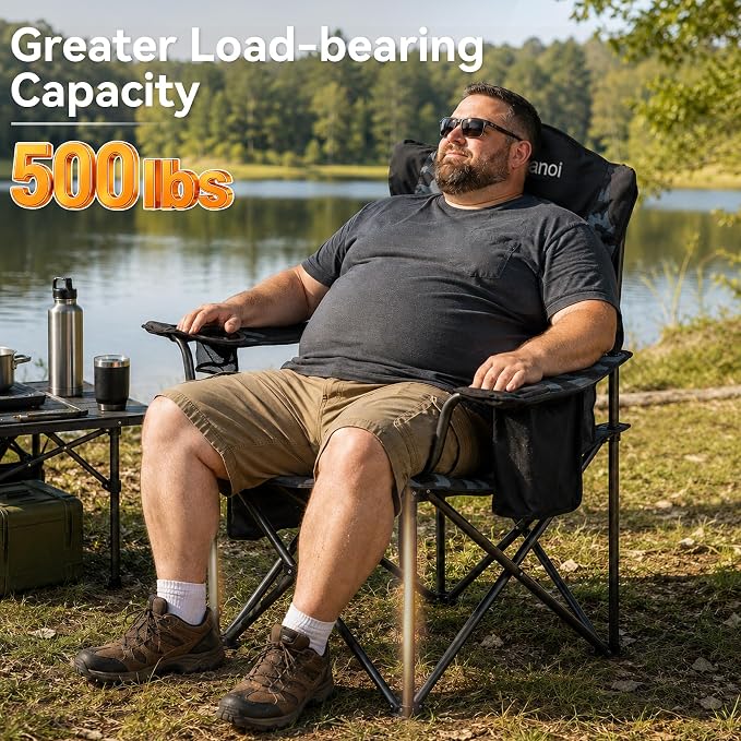 Aohanoi Camping Chairs for Heavy People,Folding Lawn Chairs for Outside Heavy Duty,Outdoor Oversized Chairs for Adult with Cup Holder and Large Cooler Bag,Beach Camp Chairs Supports up to 500lbs