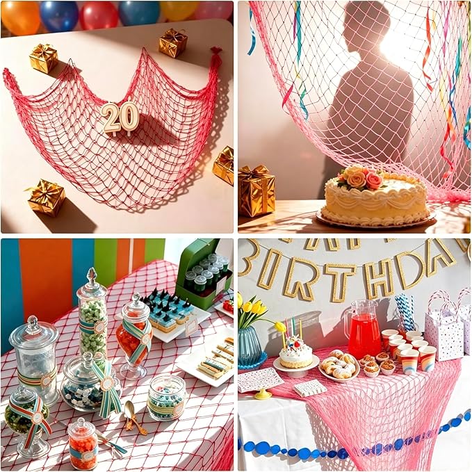 2 Pack Decorative Fishing Net, 80x40 Inch Red Cotton Fish Net for Hanging Stuffed Animals & Table Runner, Nautical Mermaid Pirate Ocean Hawaii Beach Under The Sea Themed Party Decorations