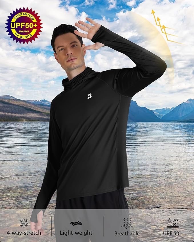 Roadbox Men's UPF 50+ Hooded Fishing Shirts Long Sleeve Sun Protection Hoodie, Hiking Running Swimming Rash Guard with Mask