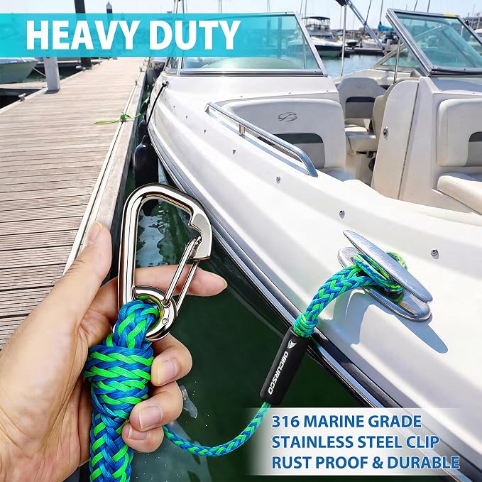 Obcursco Bungee Dock Lines for Boat, Docking Rope with 316 Stainless Steel Clips, Accessories for Jet Ski, PWC, SeaDoo, Pontoon, Center Console, Sets of Two(4ft & 6ft) (Green/Blue)