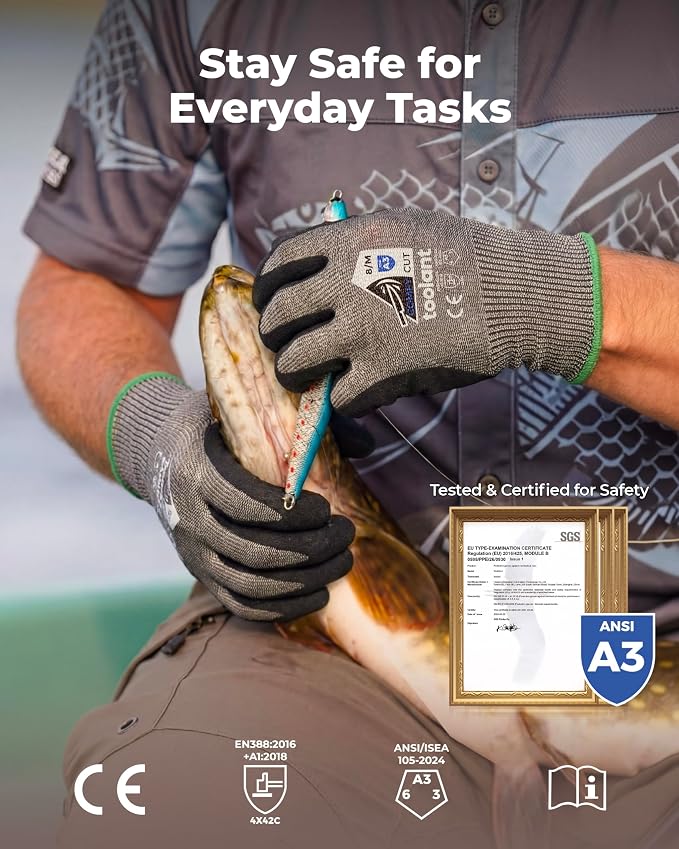 toolant ComfyCut A3 Cut Resistant Work Gloves, ANSI & EN388 Certified Protection with Superior Comfort, Fiberglass-Free, Touchscreen & Flexible Grip, for Fishing, Gardening, DIY, Assembly, Small