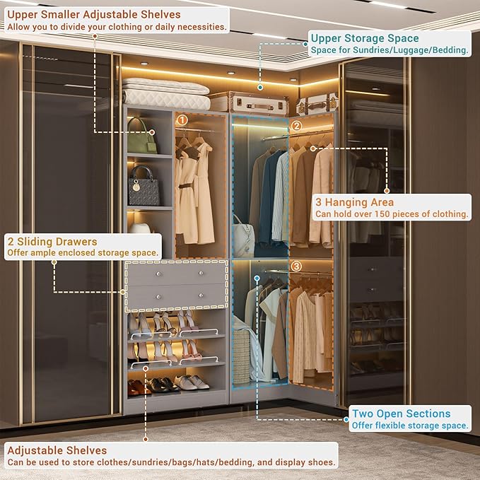 Closet System with 2 Drawers, 3 Hanging Rods, 59.5" * 31.5" Closet Organizer System with Corner Tower, Reversible L Shaped Walk-in Closet System, Corner Closet System Set of 2, Morandi Grey