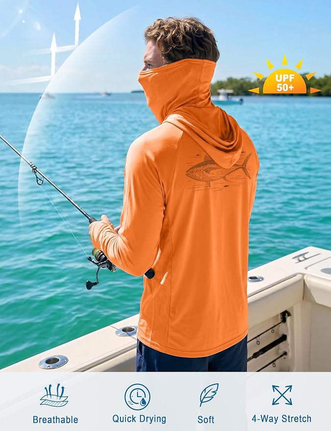 Men's UPF 50+ Long Sleeve Fishing Hoodie, UV Protection Sun Shirt with Hood Mask, Hooded Graphic Shirts for Outdoor
