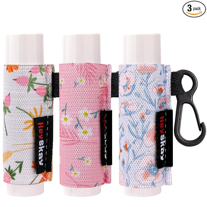 HEYSKAY 3PCS Lipstick Holder Key Chain Lip Balm Holder Keychain Lipstick Holder Lipgloss Lip Balm Elastic Sleeves(Floral Set C)
