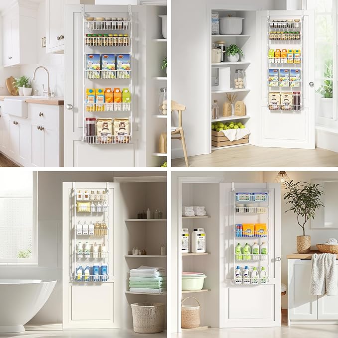 Delamu Over The Door Pantry Organizer, 5-Tier Pantry Door Organizers and Storage with Adjustable Basket, Metal Hanging Spice Rack, Seasoning Organizer, Door Organizer for Home Kitchen Bathroom, White