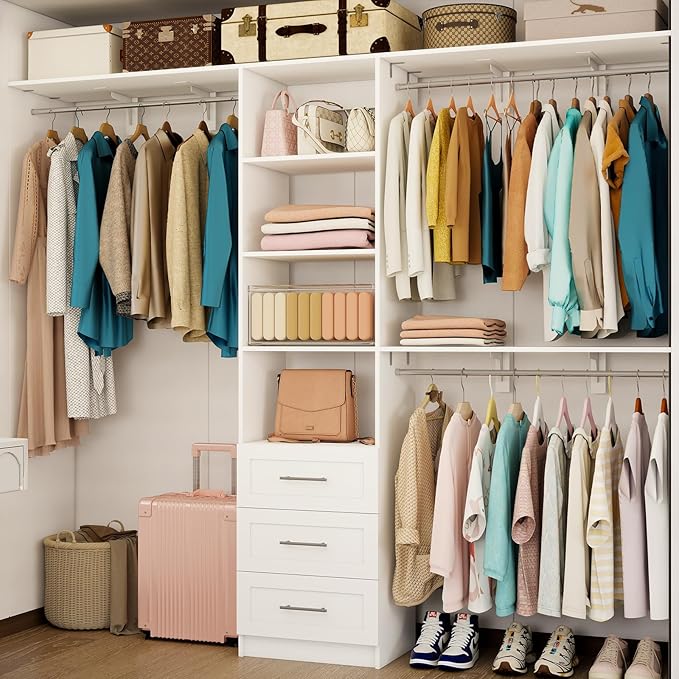 Closet System with Drawers, 5FT-8FT Closet Organizer System with Shelves & Adjustable Hanging Rods, 96" Walk in Closet System Storage Wood, White