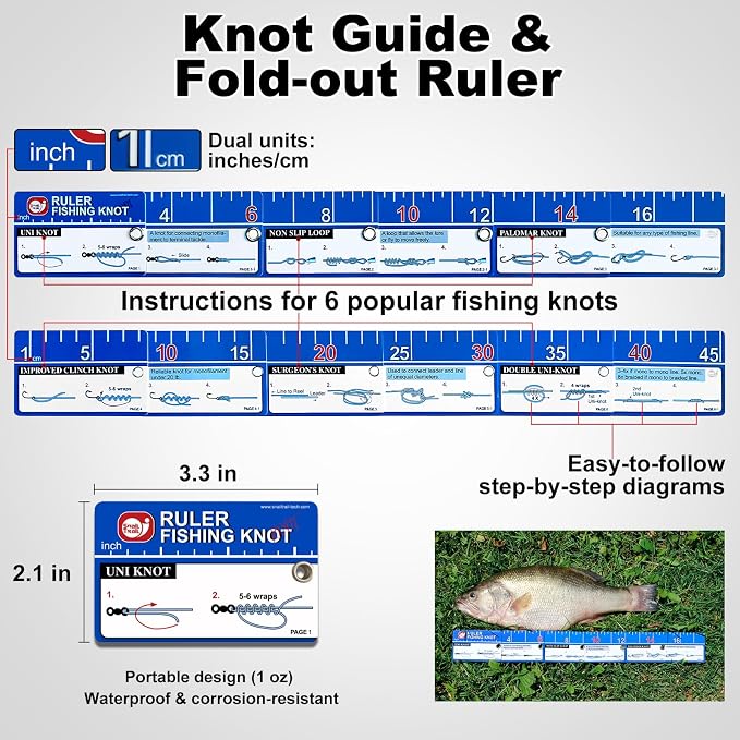 SNAIL TRAIL 7pc Fishing Tool Kit - 17" Pocket Fish Ruler & Knot Tying Guide, Split Ring Pliers, Braid Scissors & Bait Knife. Fish Lip Gripper, Hook Remover and Hook Keeper. Fisherman Gifts