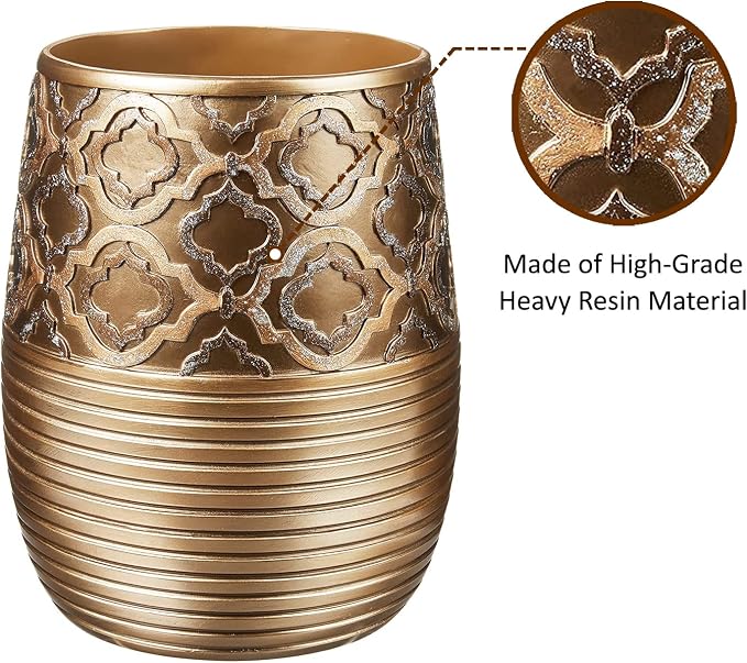 Zahari Home 2pc Spindle Modern Bath Accessories Set Waste Basket & Tissue Box Modern Classic Contemporary Decorative Beautiful Designs Bathroom Decor Set for Home Gold Complete Bathroom Sets