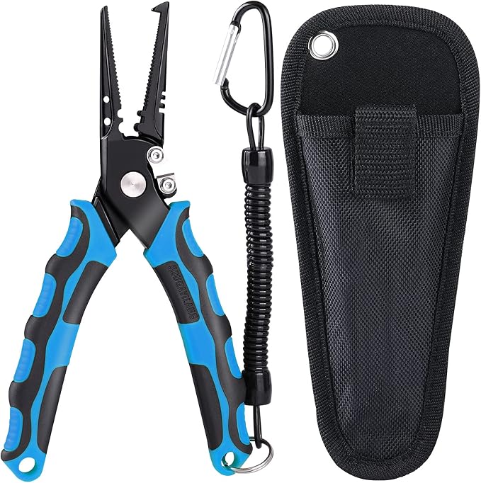 Sougayilang Fishing Pliers,Sheath and Lanyard Tungsten Carbide Cutters,420 Stainless Steel Fishing Tools,Saltwater Resistant Fishing Gear with Rubber Handle-7.5'' Split Ring Nose - Blue