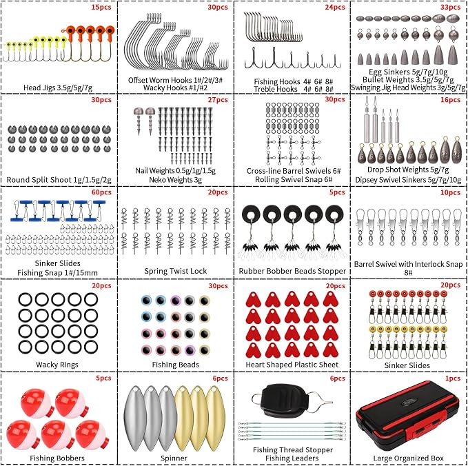 TRUSCEND Complete Fishing Accessories - Tackle Box with Tackle Included, Fishing Hooks, Jig Heads, Sinkers, Weights, Swivels, Snaps, Bobbers, Leaders - Fishing Gear Set for Bass Trout Panfish Walleye