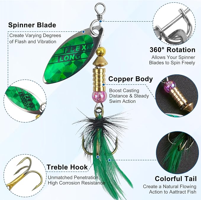 Fishing Lures Spinnerbait Kit Rooster Bait Tail Fishing Lures Inline Spinner Baits Bass Salmon Trout Spoon Hard Metal Spinnerbaits for Saltwater Freshwater