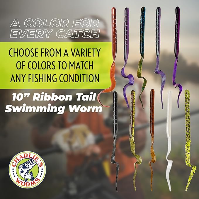 Charlie's Worms 10" Ribbon Tail Soft Plastic Worms for Bass Fishing, Freshwater & Saltwater Lures, Scented Swim Bait, Texas Rigged, Weedless, Large & Smallmouth, White Firetail, 6-Pack