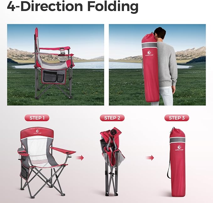 ALPHA CAMP Heavy Duty Camping Chair 500LBS Capacity, Oversized Folding Chair for Heavy People, Padded Portable Outdoor Chair with Cooler Bag & Cup Holder for Camping, Fishing, Beach