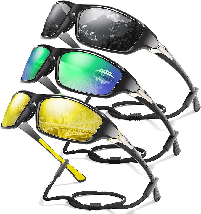 3 Pack Polarized Sports Sunglasses for Men, Mens Sunglasses Wrap Around UV Protection for Cycling Fishing Driving