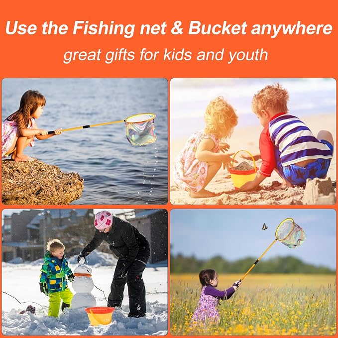 Kids Fishing Net, 2 Pack Telescopic Landing Nets with Aluminum Pole Handle, Collapsible Bucket Sand Pail, Butterfly Net, Fishing Net for Youth, Outdoor Playing