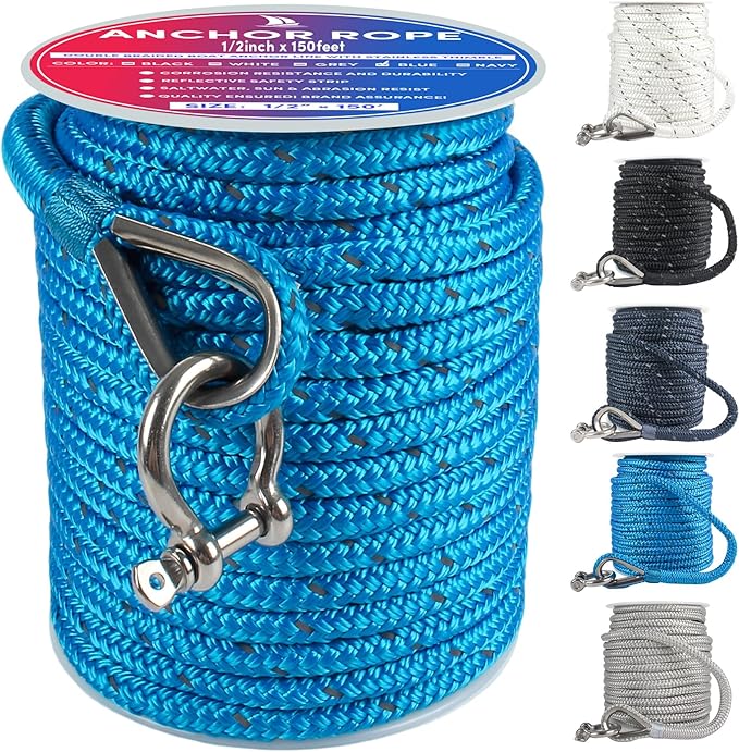 Anchor Rope 150 ft x 1/2 inch Blue, Double Braided Anchor Line with Stainless Steel Thimble & Shackle, Boat Rope with Reflective Strip Ideal for Towing,Mooring,Anchoring,for Boats Up to 35'